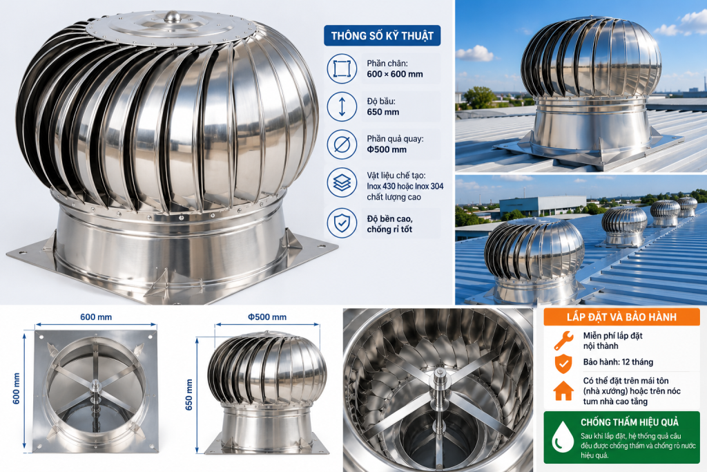 QUẢ CẦU HÚT NHIỆT INOX 600 × 600, Φ500